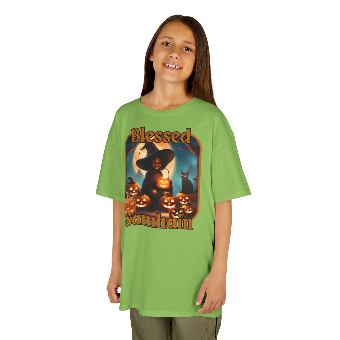 Blessed Samhain Cute Witch Orange font Kids Heavy Cotton™ Tee by CreepyCrafts.boo
