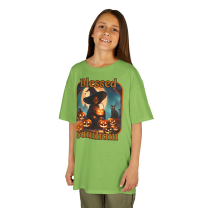 Blessed Samhain Cute Witch Orange font Kids Heavy Cotton™ Tee by CreepyCrafts.boo
