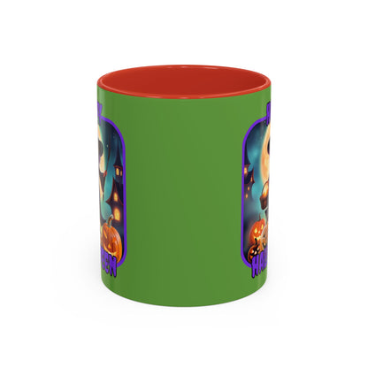 Happy Halloween Little Witch Purple font Green Accent Mug by CreepyCrafts.boo