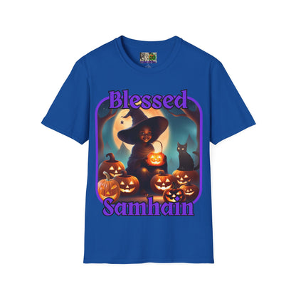 Blessed Samhain Cute Witch Purple font Dark colors Unisex T-Shirt by CreepyCrafts.boo
