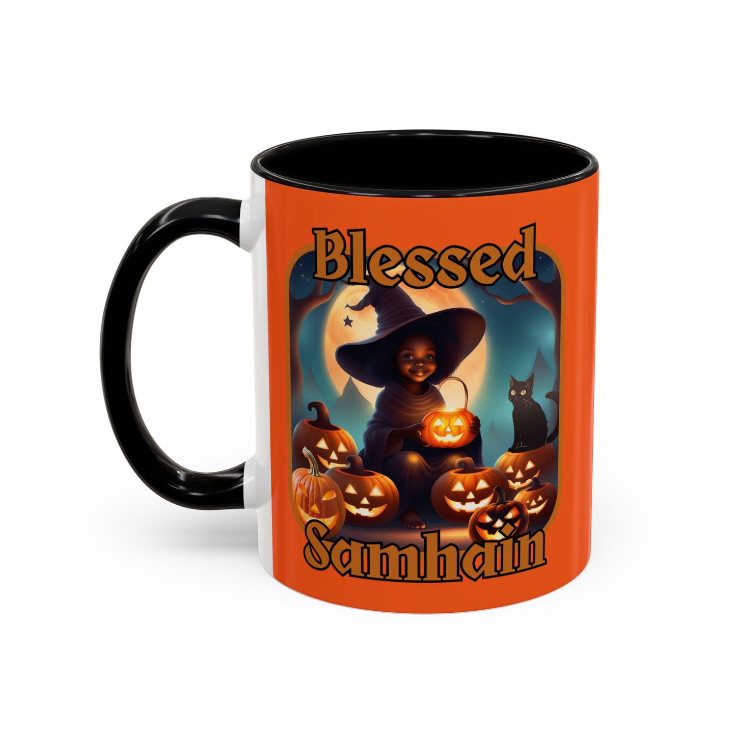 Blessed Samhain Cute Witch Orange font Orange Accent Mug by CreepyCrafts.boo