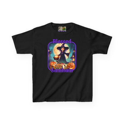 Blessed Samhain Little Witch Purple font Kids Heavy Cotton™ Tee by CreepyCrafts.boo
