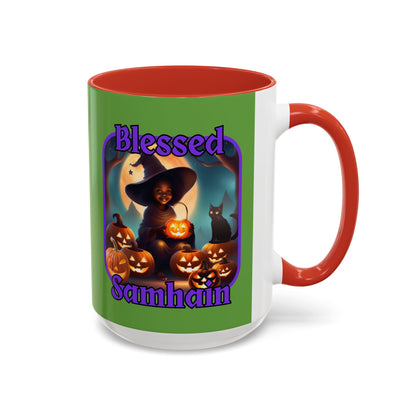 Blessed Samhain Cute Witch Purple font Green Accent Mug by CreepyCrafts.boo