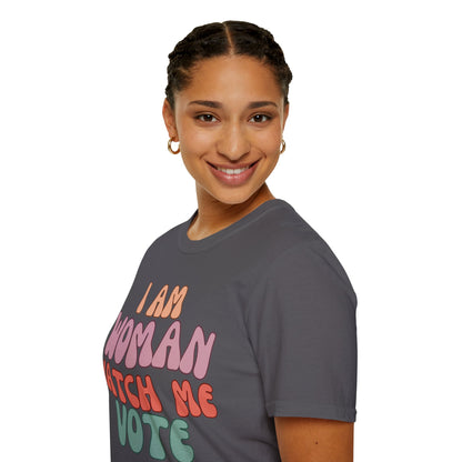 2-sided I Am Woman Watch Me Vote DKcolors Unisex T-Shirt by cypherpunkgear