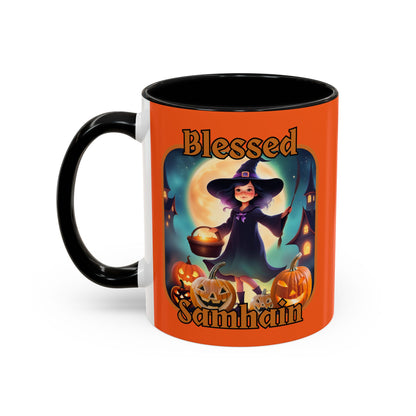 Blessed Samhain Little Witch Orange font Orange Accent Mug by CreepyCrafts.boo