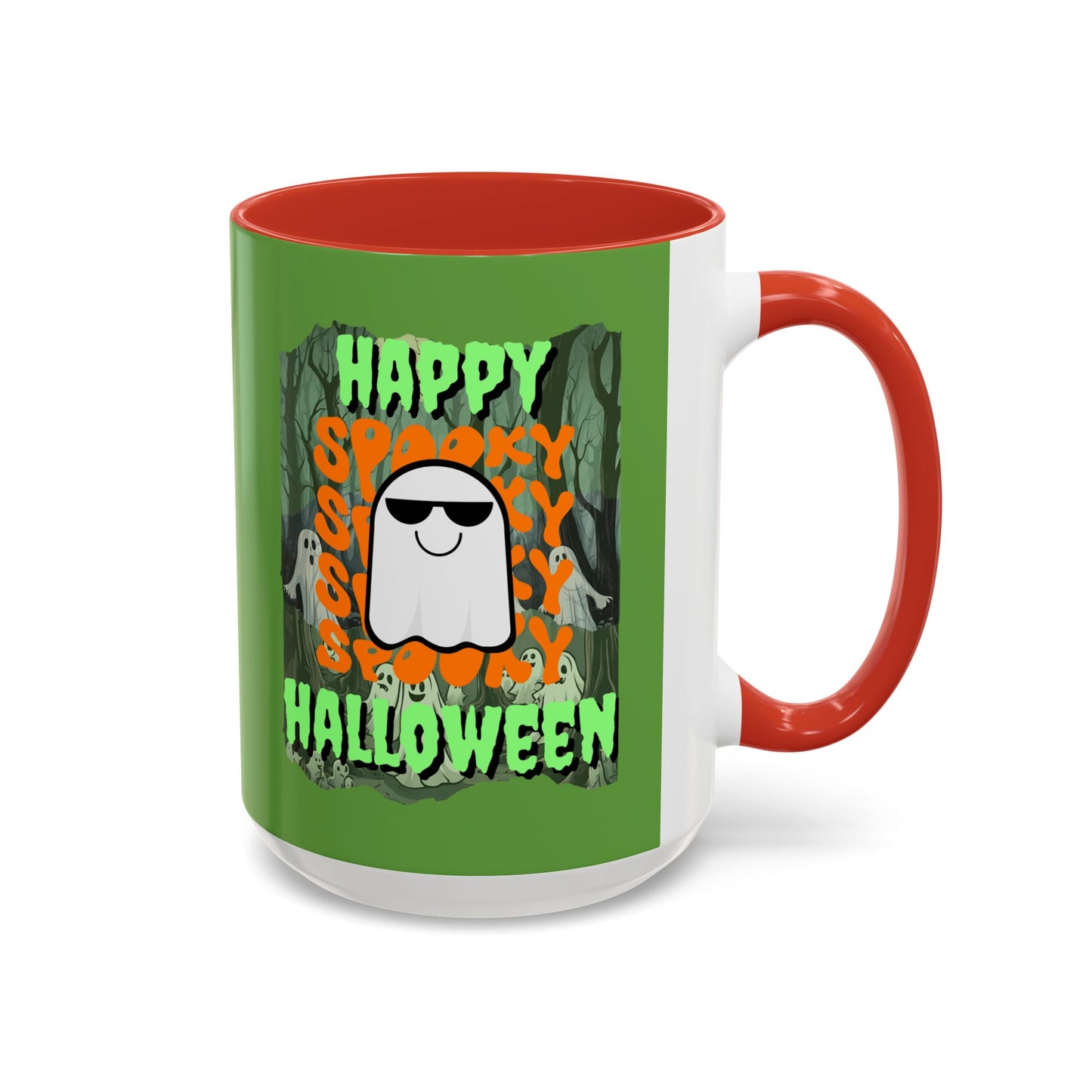 Spooky Happy Halloween Ghost Green font Green Accent Mug by CreepyCrafts.boo