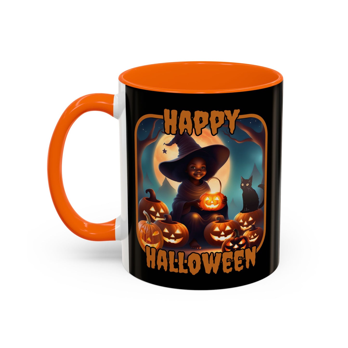 Happy Halloween Cute Witch Orange font Black Accent Mug by CreepyCrafts.boo