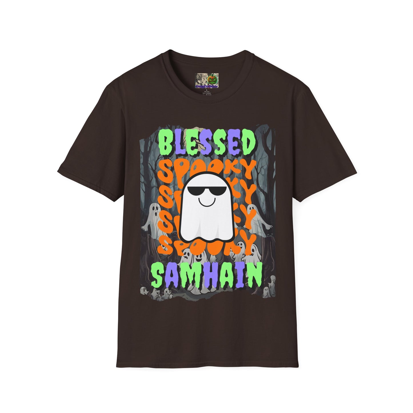 Spooky Blessed Samhain Ghost Mixed font Unisex T-Shirt by CreepyCrafts.boo