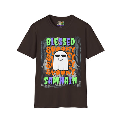 Spooky Blessed Samhain Ghost Mixed font Unisex T-Shirt by CreepyCrafts.boo