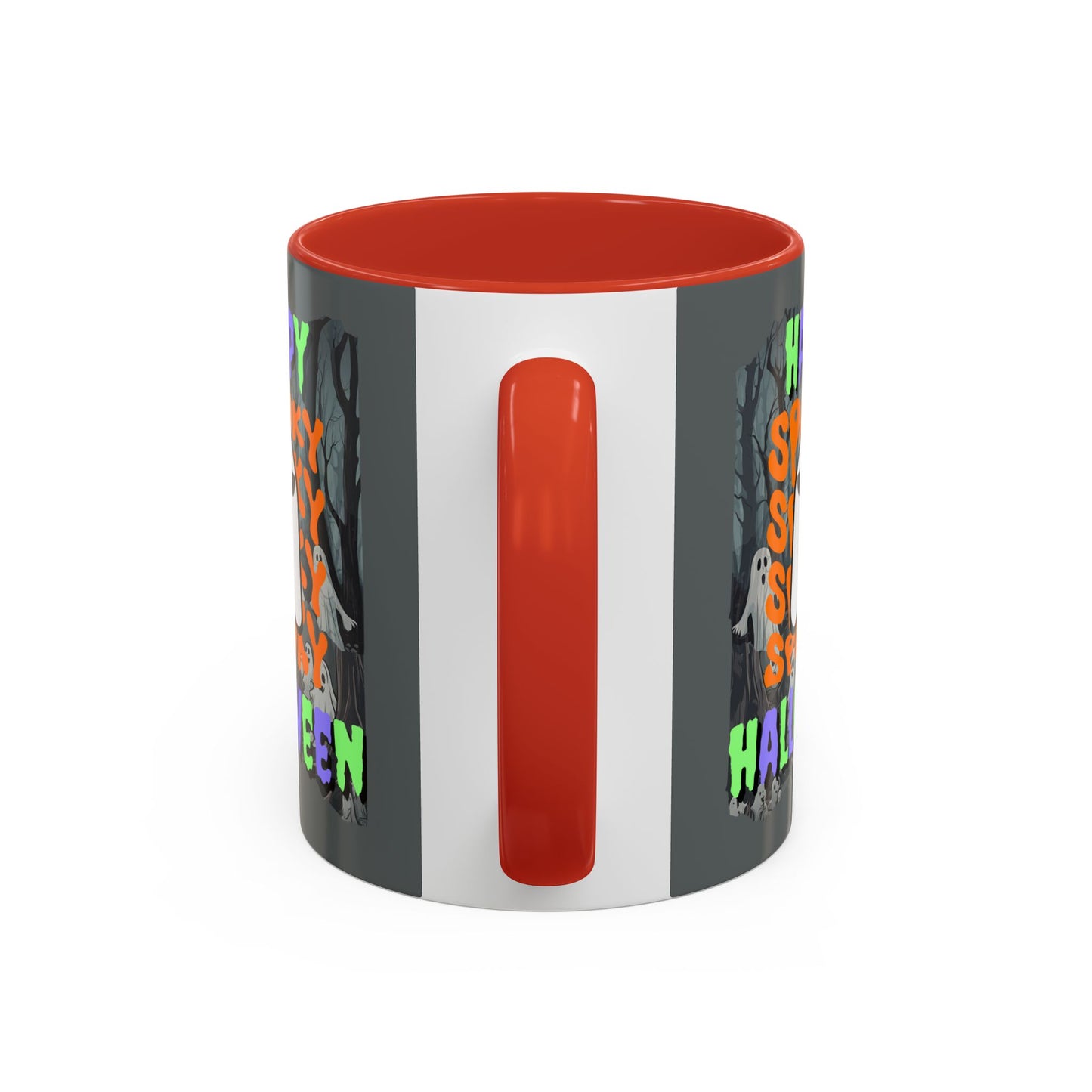 Spooky Happy Halloween Ghost Mixed font Grey Accent Mug by CreepyCrafts.boo