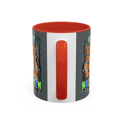 Spooky Happy Halloween Ghost Mixed font Grey Accent Mug by CreepyCrafts.boo