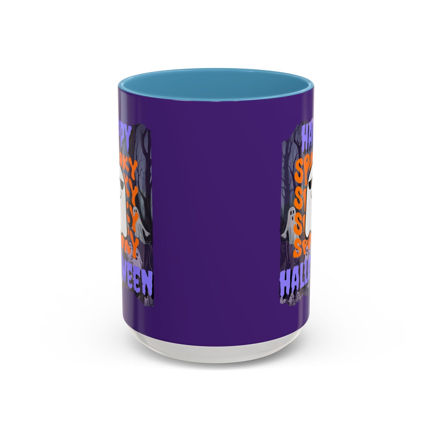 Spooky Happy Halloween Ghost Purple font Purple Accent Mug by CreepyCrafts.boo