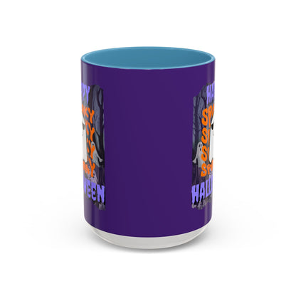 Spooky Happy Halloween Ghost Purple font Purple Accent Mug by CreepyCrafts.boo