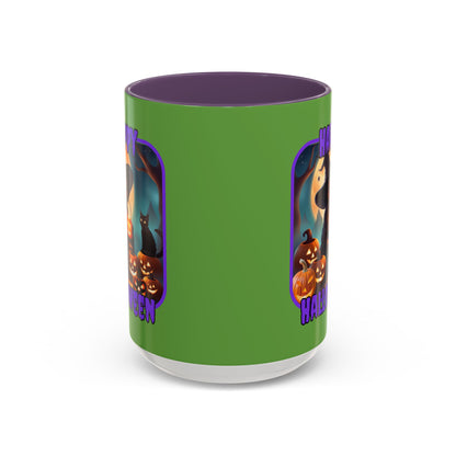 Happy Halloween Cute Witch Purple font Green Accent Mug by CreepyCrafts.boo