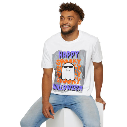 Spooky Happy Halloween Ghost Light colors Purple font Unisex T-Shirt by CreepyCrafts.boo