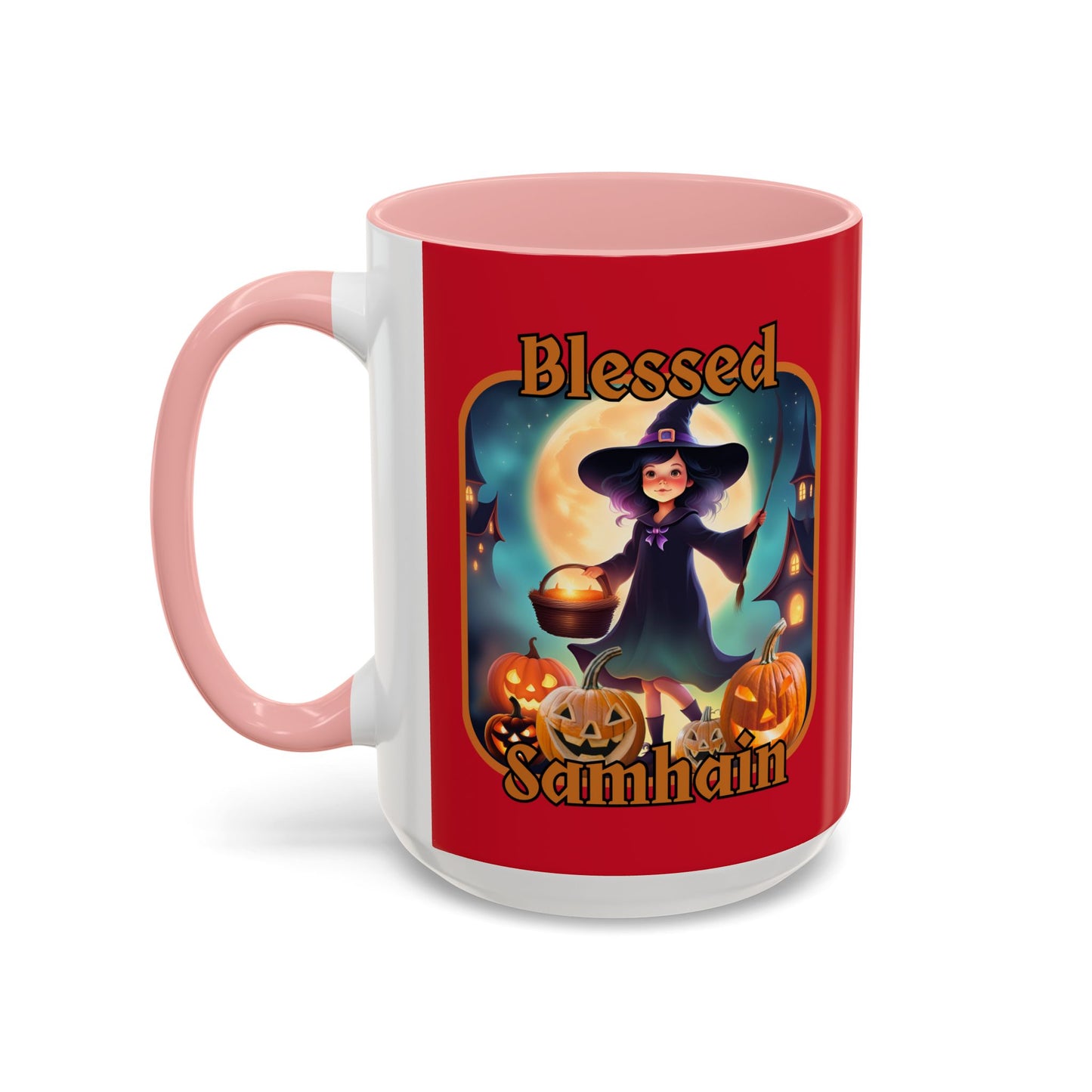 Blessed Samhain Little Witch Orange font Red Accent Mug by CreepyCrafts.boo