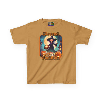 Blessed Samhain Little Witch Orange font Kids Heavy Cotton™ Tee by CreepyCrafts.boo