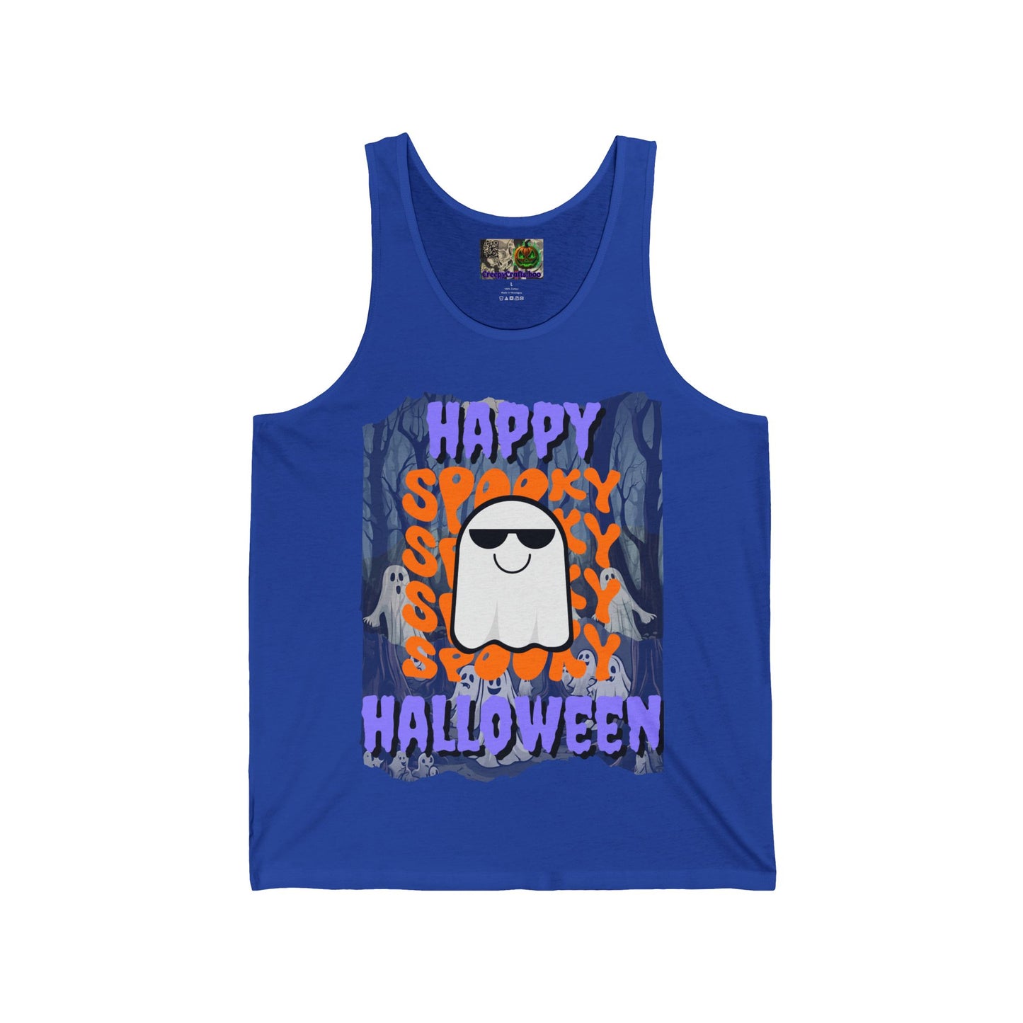 Spooky Happy Halloween Ghost Purple font Unisex Jersey Tank Top by CreepyCrafts.boo