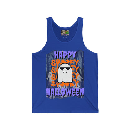 Spooky Happy Halloween Ghost Purple font Unisex Jersey Tank Top by CreepyCrafts.boo