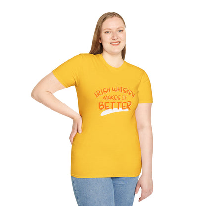 Irish Whiskey makes it better Orange font Light colors Unisex T-Shirt by cypherpunkgear.com