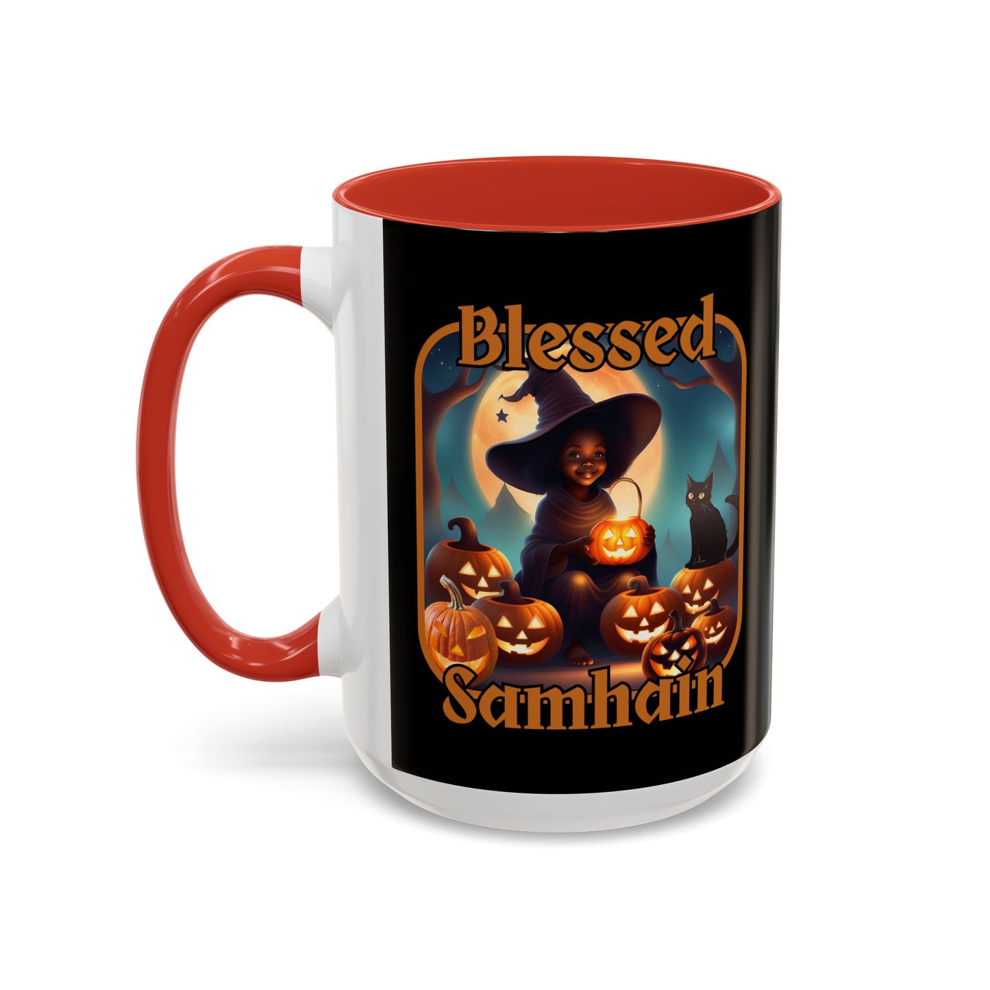 Blessed Samhain Cute Witch Orange font Black Accent Mug by CreepyCrafts.boo