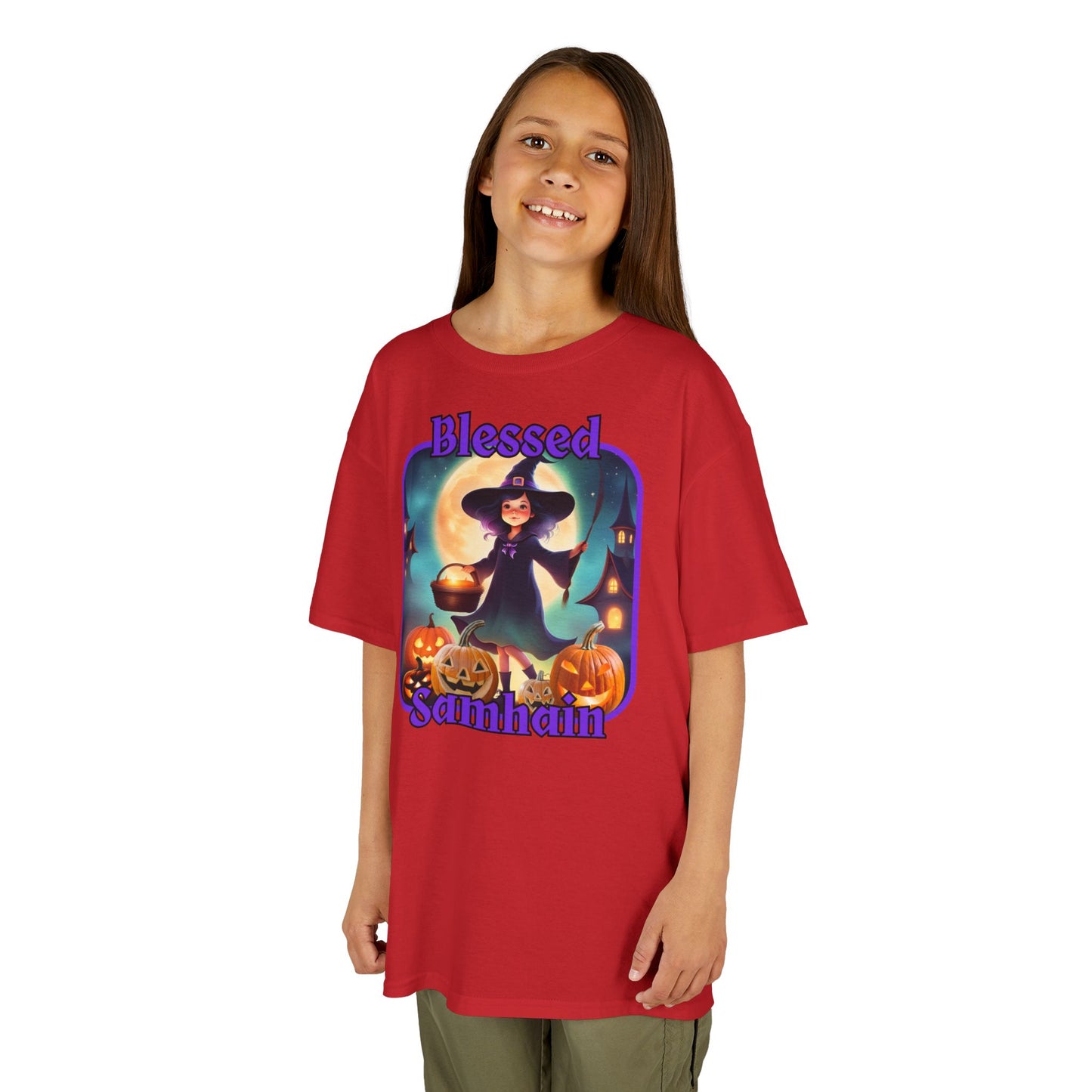 Blessed Samhain Little Witch Purple font Kids Heavy Cotton™ Tee by CreepyCrafts.boo