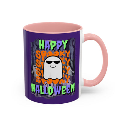 Spooky Happy Halloween Ghost Mixed font Purple Accent Mug by CreepyCrafts.boo