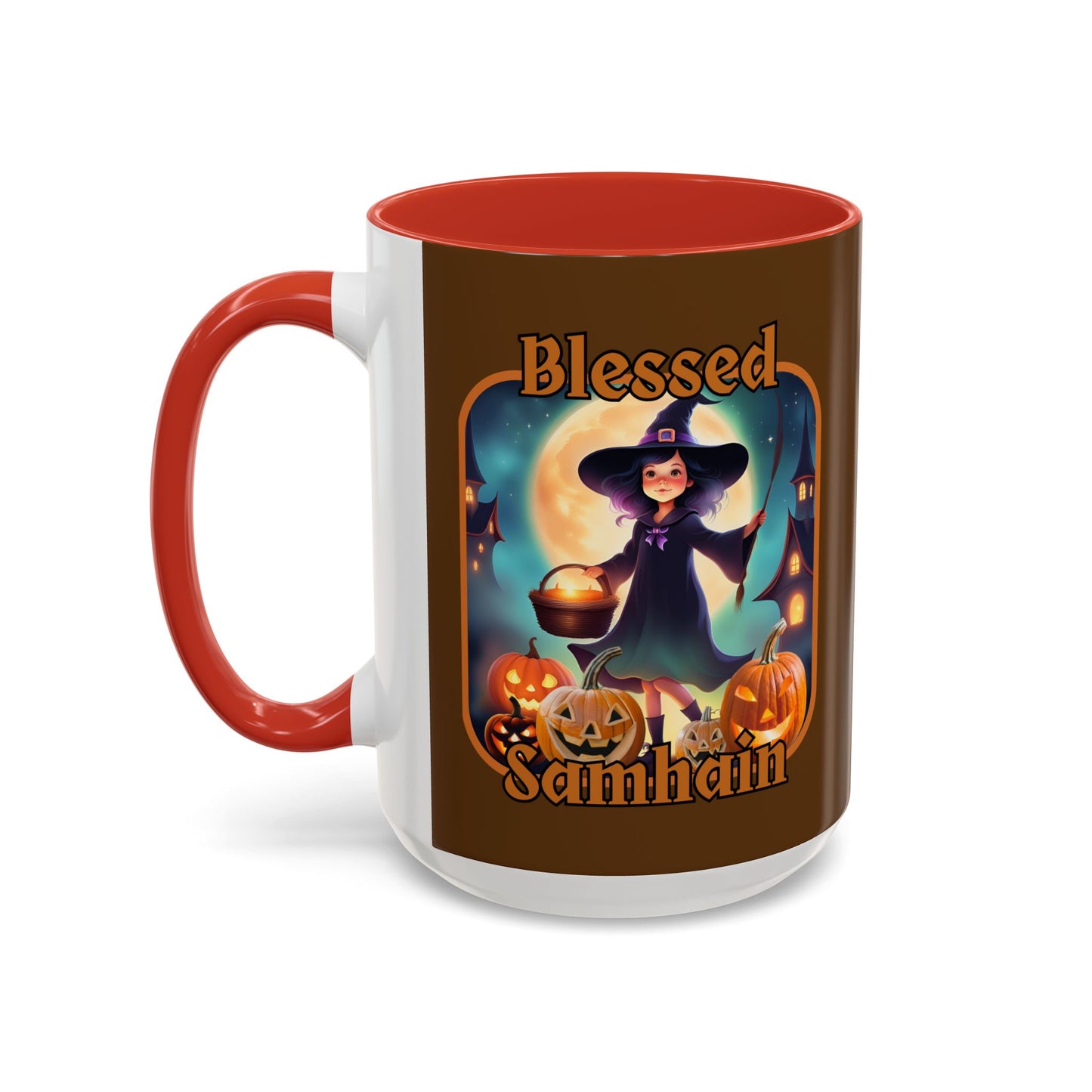 Blessed Samhain Little Witch Orange font Brown Accent Mug by CreepyCrafts.boo