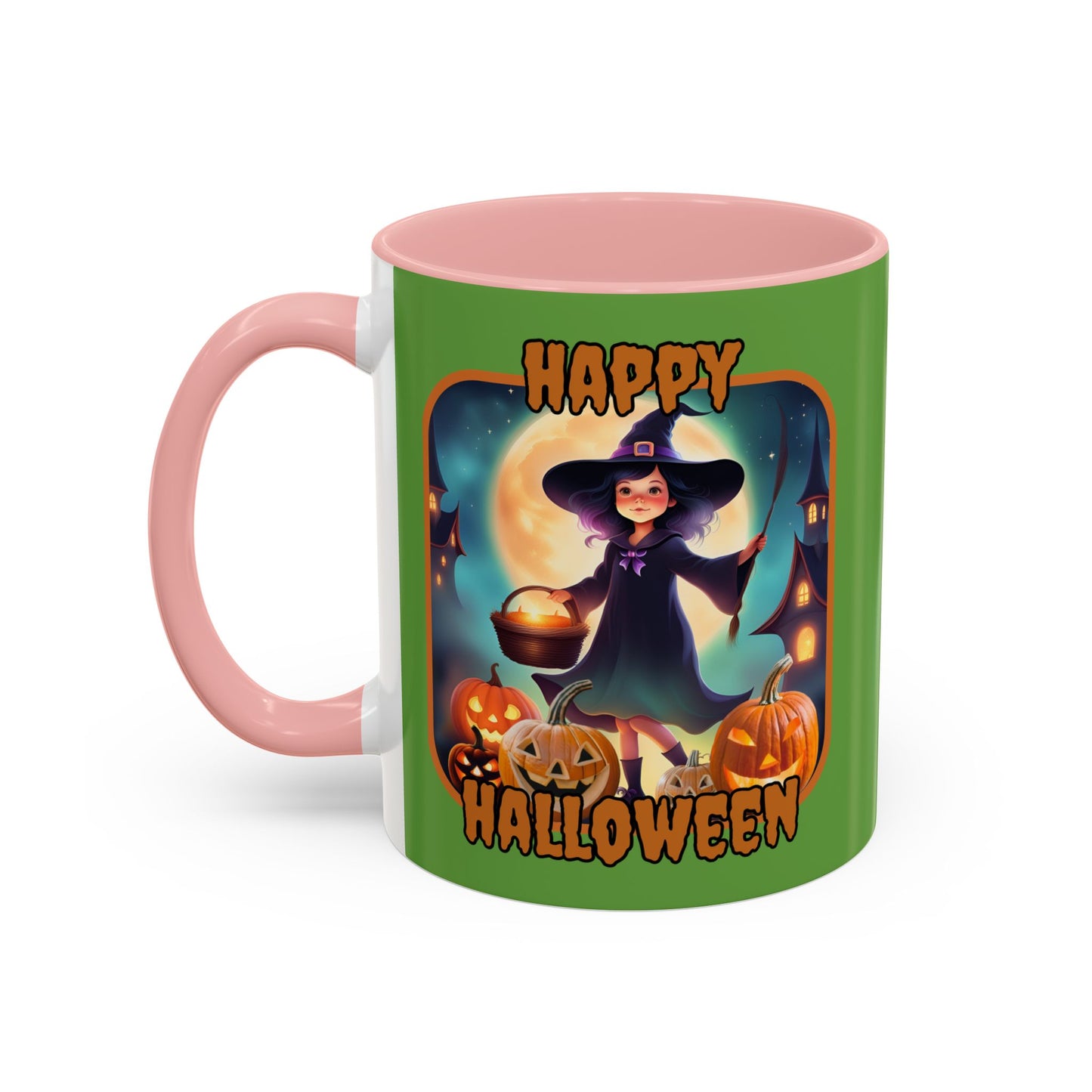 Happy Halloween Little Witch Orange font Green Accent Mug by CreepyCrafts.boo
