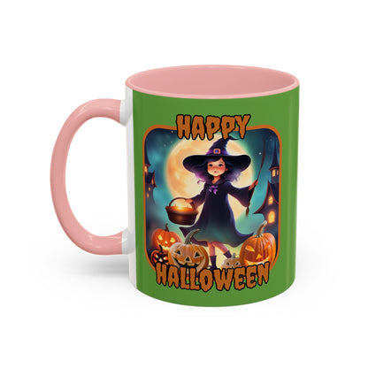Happy Halloween Little Witch Orange font Green Accent Mug by CreepyCrafts.boo