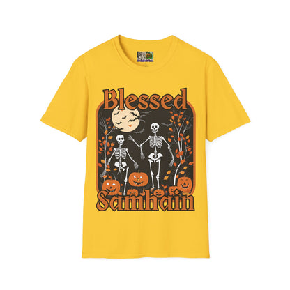 Spooktacular Skeletons of Samhain Light colors Unisex T-Shirt by CreepyCrafts.boo