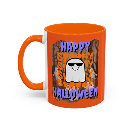 Spooky Happy Halloween Ghost Purple font Orange Accent Mug by CreepyCrafts.boo