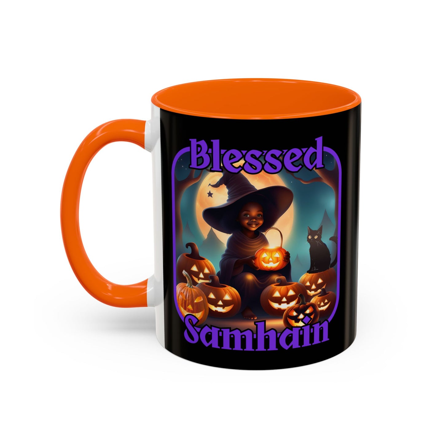 Blessed Samhain Cute Witch Purple font Black Accent Mug by CreepyCrafts.boo