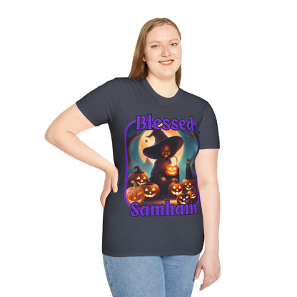 Blessed Samhain Cute Witch Purple font Dark colors Unisex T-Shirt by CreepyCrafts.boo