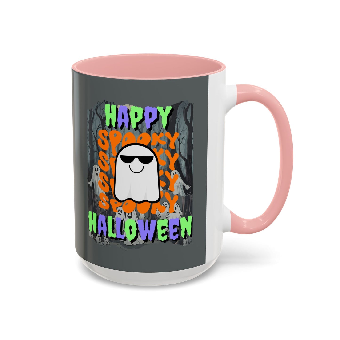 Spooky Happy Halloween Ghost Mixed font Grey Accent Mug by CreepyCrafts.boo