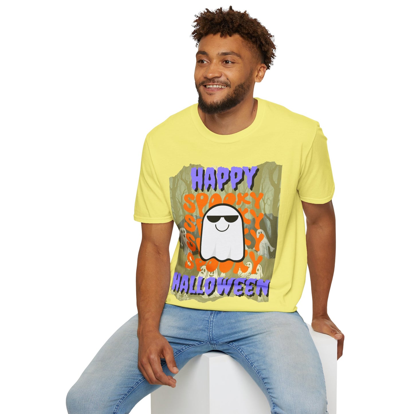 Spooky Happy Halloween Ghost Light colors Purple font Unisex T-Shirt by CreepyCrafts.boo