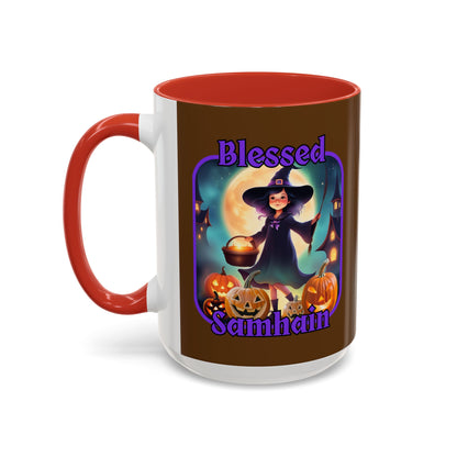 Blessed Samhain Little Witch Purple font Brown Accent Mug by CreepyCrafts.boo