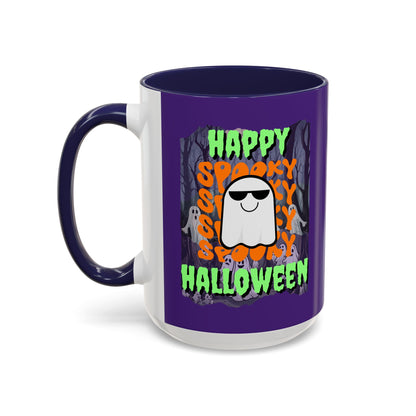 Spooky Happy Halloween Ghost Green font Purple Accent Mug by CreepyCrafts.boo