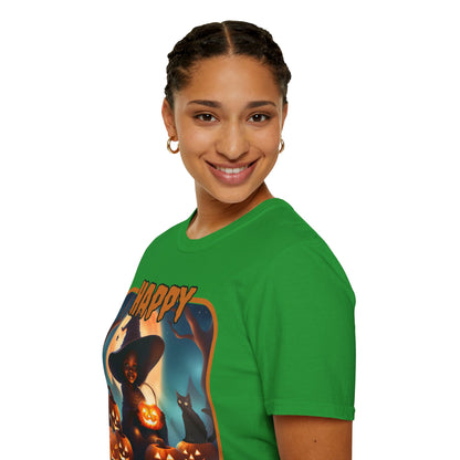 Happy Halloween Cute Witch Orange font, Dark colors, Unisex T-Shirt by CreepyCrafts.boo