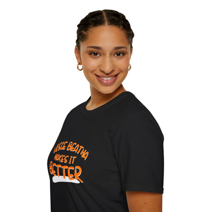 Uisce Beatha makes it better Orange font Dark colors Unisex T-Shirt by cypherpunkgear.com