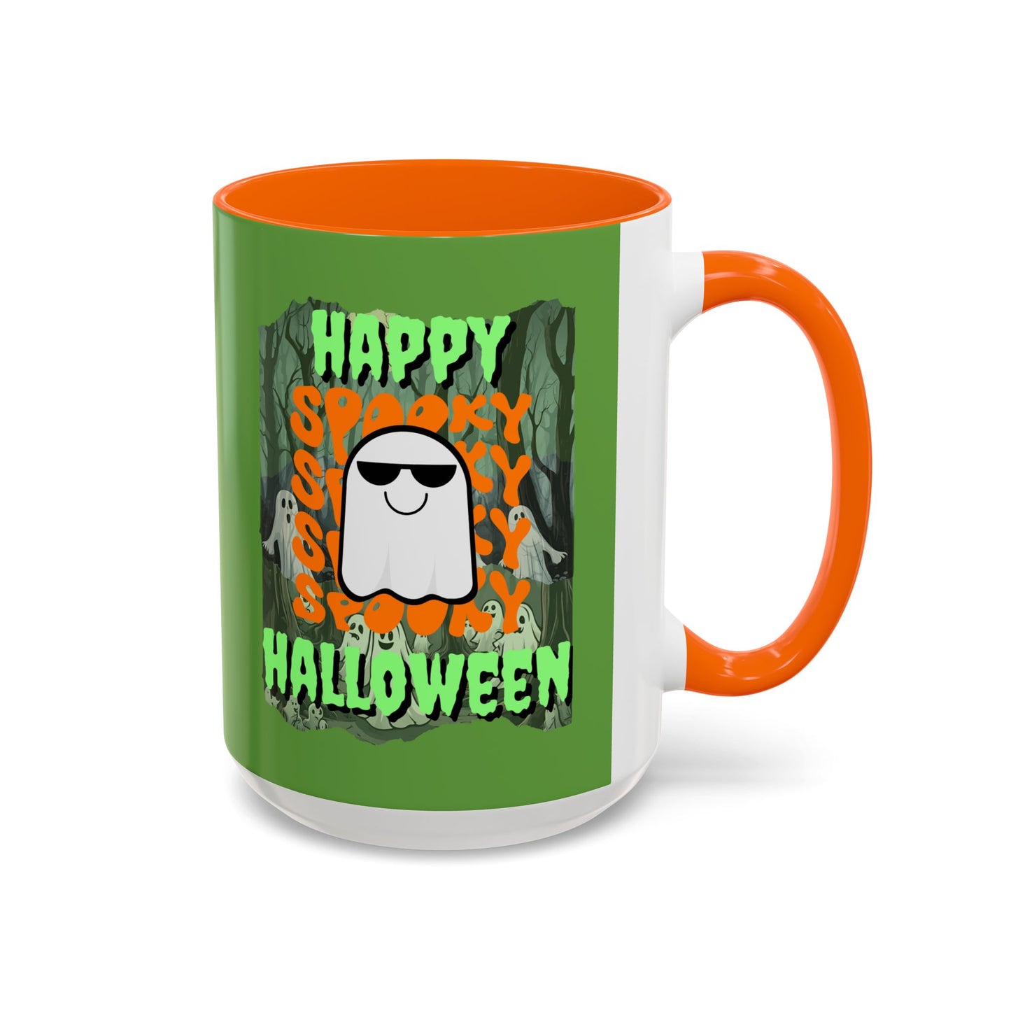 Spooky Happy Halloween Ghost Green font Green Accent Mug by CreepyCrafts.boo