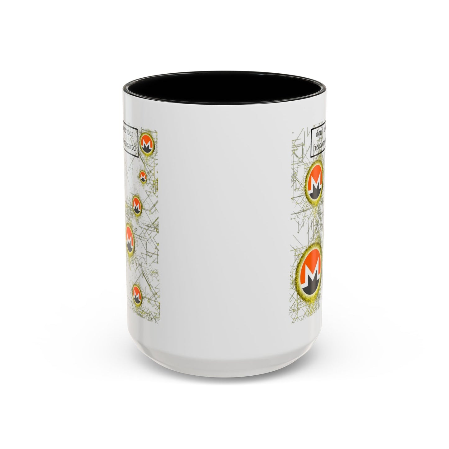 Monero (XMR) don't assume your freedoms are assured White Accent Mug by cypherpunkgear.com