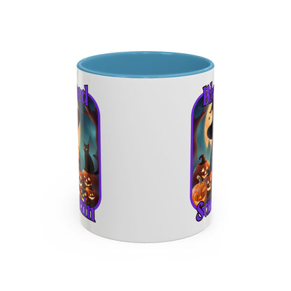 Blessed Samhain Cute Witch Purple font White Accent Mug by CreepyCrafts.boo