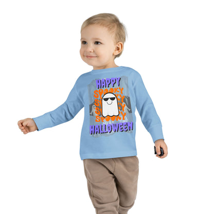 Spooky Happy Halloween Ghost Purple font Toddler Long Sleeve Tee by CreepyCrafts.boo