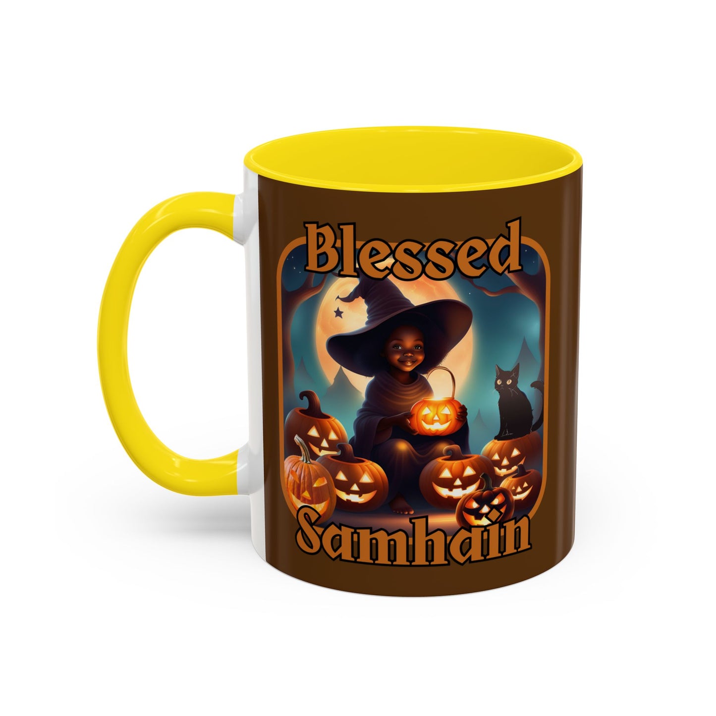Blessed Samhain Cute Witch Orange font Brown Accent Mug by CreepyCrafts.boo