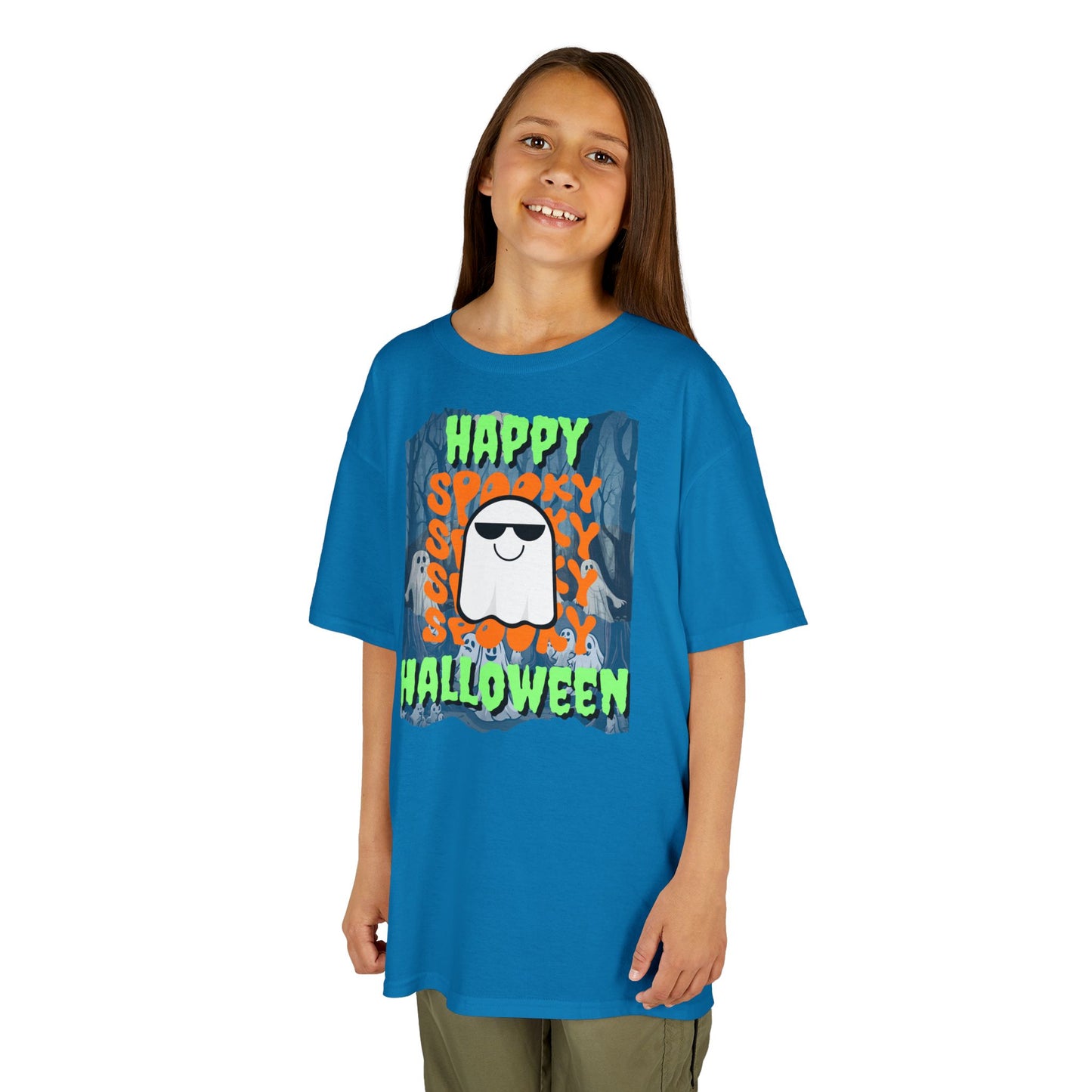 Spooky Happy Halloween Ghost Green font Kids Heavy Cotton™ Tee by CreepyCrafts.boo