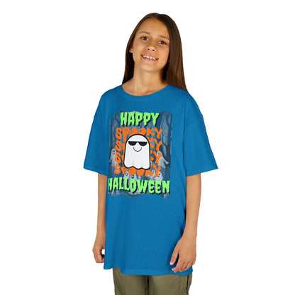 Spooky Happy Halloween Ghost Green font Kids Heavy Cotton™ Tee by CreepyCrafts.boo
