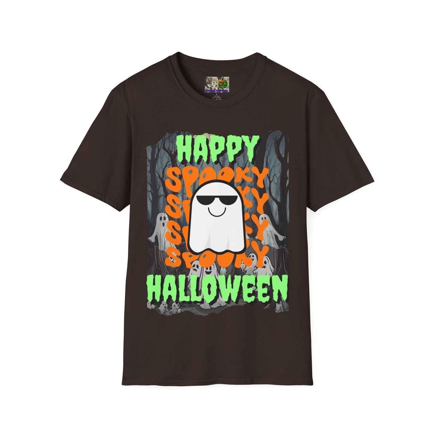 Spooky Happy Halloween Ghost Dark colors Green font Unisex T-Shirt by CreepyCrafts.boo