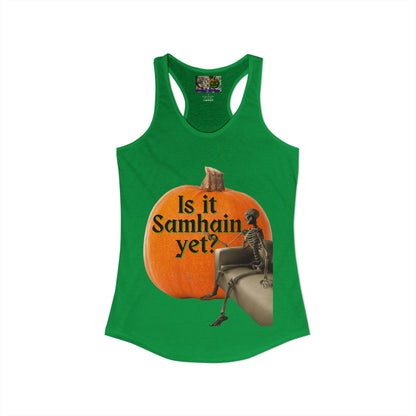 Is It Samhain Yet? Skeleton's Giant Pumpkin Women’s Racerback Tank Top by CreepyCrafts.boo