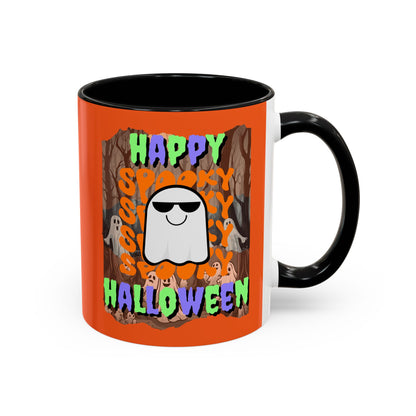 Spooky Happy Halloween Ghost Mixed font Orange Accent Mug by CreepyCrafts.boo